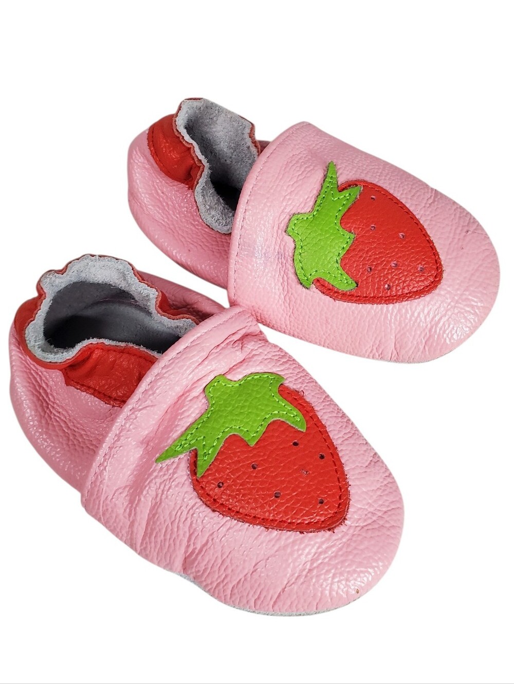 Strawberry Baby Shoes - Soft Leather Slip-Ons Pink With Red Strawberry